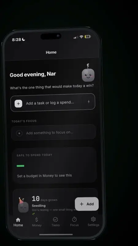 HeyGro's home screen: a greeting, one question, today's focus, safe-to-spend, and Gro at ten days grown.