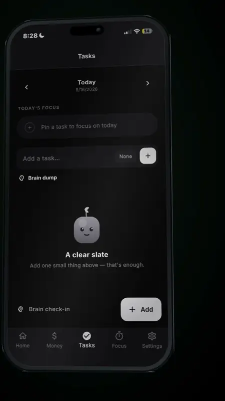 The tasks screen showing an empty state that reads 'A clear slate'.
