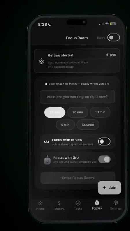 The focus room screen with timer lengths and a quiet shared-room toggle.